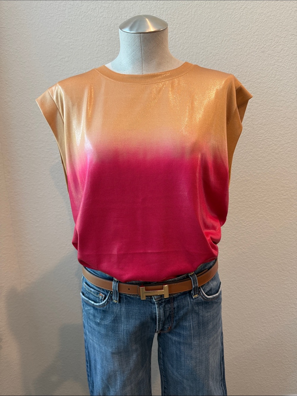 Anthropologie Gold-to-Fuchsia Shimmer Ombre Sleeveless Tank - Picture 8 of 9